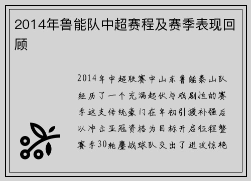 2014年鲁能队中超赛程及赛季表现回顾